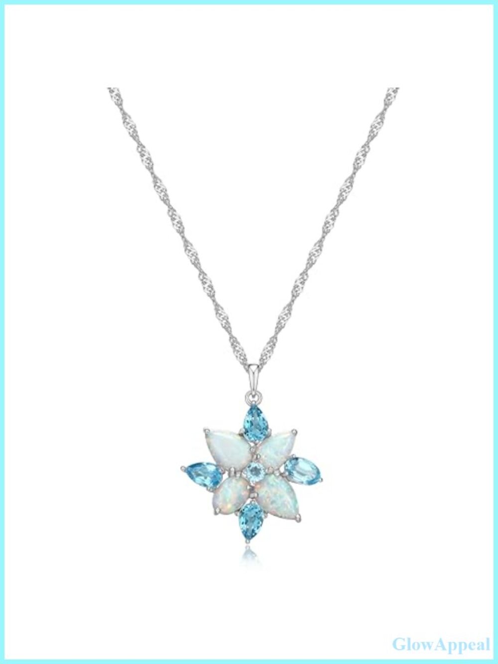 Sterling Silver Rhodium Plated Opal Blue Topaz Flower Pendant Necklace
